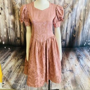 Gunne Sax Rose Pink Brocade Midi Dress with Puff Sleeves
